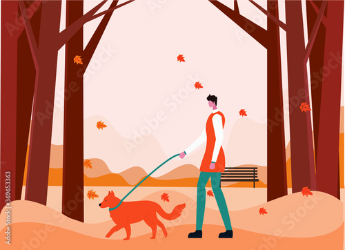 Autumn vector concept: man walking his dog at the park in autumn season