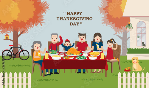 illustration vector flat cartoon of happy thanksgiving dinner table as concept.