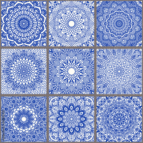 Collection of 9 tiles with mandalas. Seamless  patchwork from Azulejo tiles in blue and white. Portuguese and Spain decor. Islam, Arabic, Indian, Ottoman motif. Vector Hand drawn background