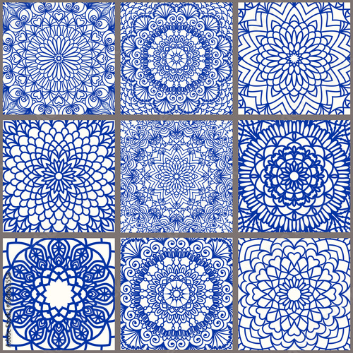 Collection of 9 tiles with mandalas. Seamless  patchwork from Azulejo tiles in blue and white. Portuguese and Spain decor. Islam, Arabic, Indian, Ottoman motif. Vector Hand drawn background