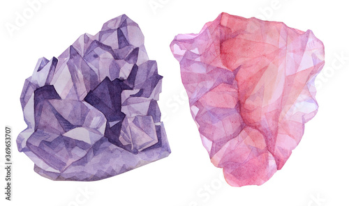 Set amethyst and rose quartz mineral watercolor drawing isolated on white. A precious stone. Art creative purple object for sticker, postcard, packaging, background wallpaper
