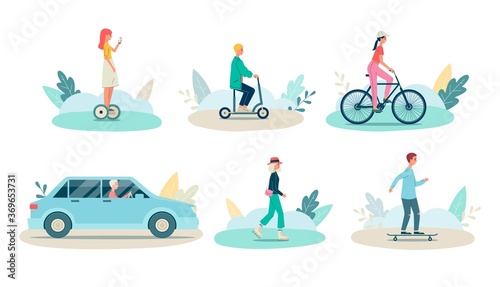 Transportation and city traffic elements set, flat vector illustration isolated.