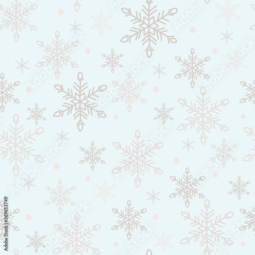 Snowflake seamless pattern. Grey snow crystals on light green background. Great for winter fabric, textile, Christmas wrapping paper, scrapbooking. Surface pattern vector design.