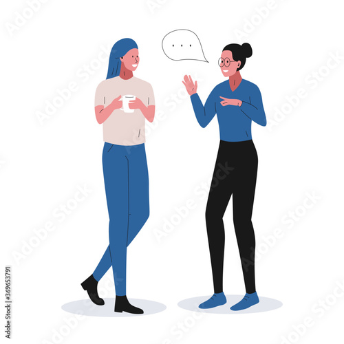 Two girls having a nice conversation. Vector illustration ot two smiling women standing and communicating about something. Concept of communication at work, in the office, lunch break in the office