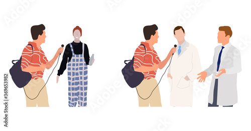 Journalists of news channels and radio stations are take interviewed. Characters interviewer and people. Vector illustration in flat cartoon style.