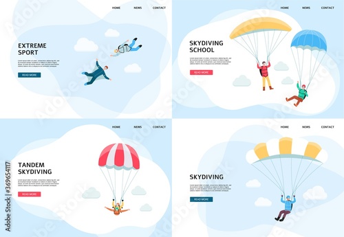 Skydiving and parachute school banners set flat vector illustration isolated.