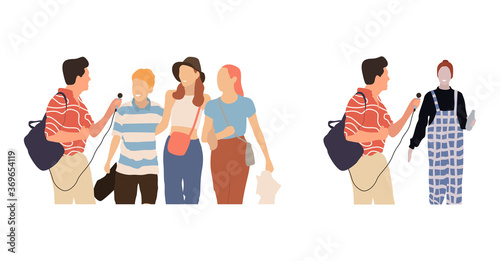 Journalists of news channels and radio stations are take interviewed. Characters interviewer and people. Vector illustration in flat cartoon style.