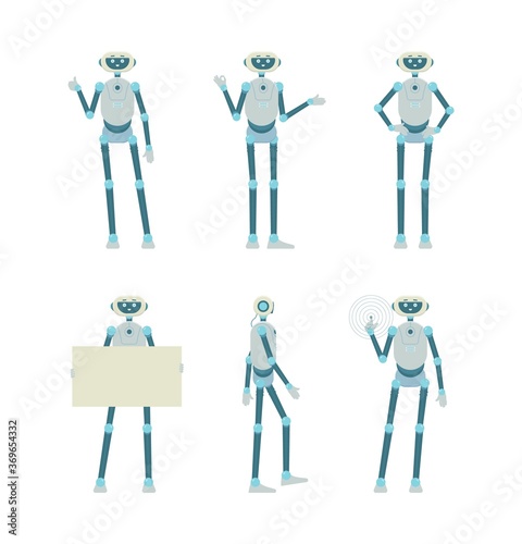 Set of robot characters in interactive poses flat vector illustration isolated.
