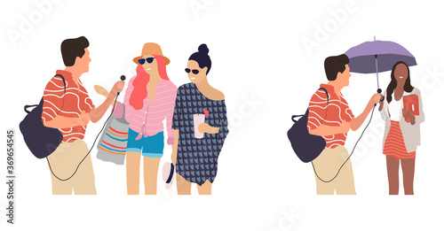 Journalists of news channels and radio stations are take interviewed. Characters interviewer and people. Vector illustration in flat cartoon style.