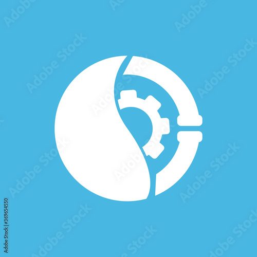 Plumbing vector illustration graphic white icon. Water drop and pipes with gearwheel inside. Sewerage system company symbol. Isolated on blue background.