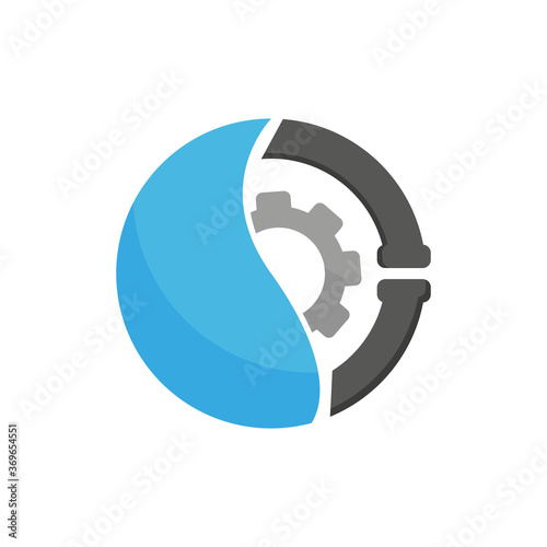 Plumbing vector illustration graphic colorful icon. Water drop and pipes with gearwheel inside. Sewerage system company symbol. Isolated.