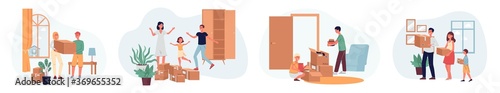 Cartoon families moving cardboard boxes into new home - isolated set