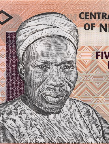 Abubakar Tafawa Balewa portrait on Nigeria 5 naira banknote close up macro, Nigerian money closeup photo