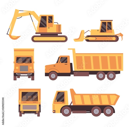 Flat yellow truck set isolated on white background - front and side view