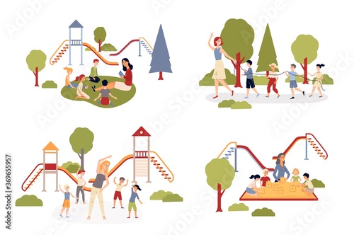 Summer kindergarten activities set - children and teacher playing outdoors