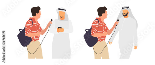 Journalists of news channels and radio stations are take interviewed. Characters interviewer and people. Vector illustration in flat cartoon style.