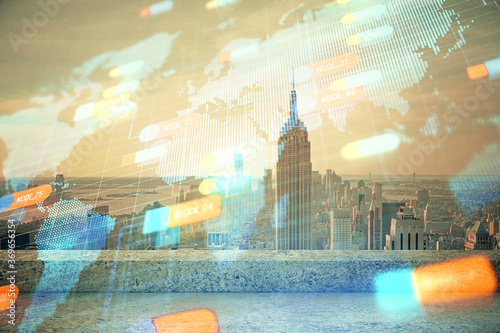 Hologram tematu danych na widok miasta z wieżowca tło podwójnej ekspozycji. Koncepcja technologii.