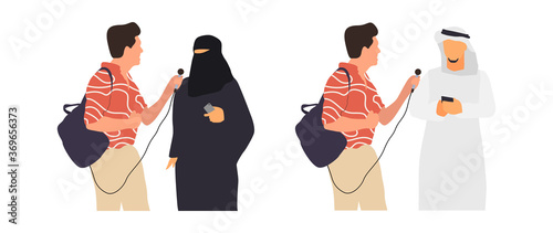 Journalists of news channels and radio stations are take interviewed. Characters interviewer and people. Vector illustration in flat cartoon style.