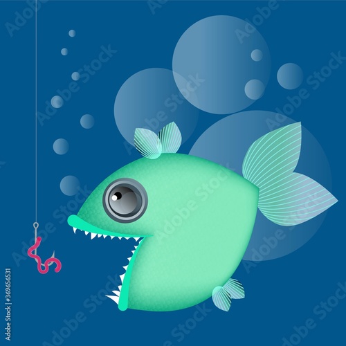Toothy green fish on a blue background looking at a hook with a worm. Underwater life. Vector illustration.