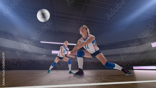 Female professional volleyball players in action on 3d stadium. © VIAR PRO studio