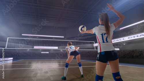 Female professional volleyball players in action on 3d stadium.
