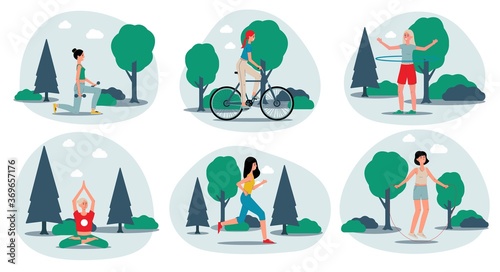 Womens fitness and healthy lifestyle set flat vector illustration isolated.