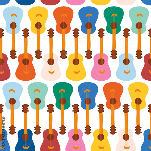 Guitars seamless vector pattern. Repeating background with music colorful instruments. Cute illustration for fabric, music class, music school, guitar lessons, kids decor