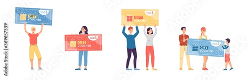 People characters holding gift voucher in hand flat vector illustration isolated.