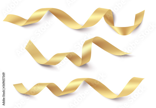 Set of decorative gold ribbon with shadow isolated on white. Christmas and new year holiday decoration. Vector illustration. Top view

