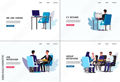 HR recruitment and job interview banners flat vector illustrations set isolated.