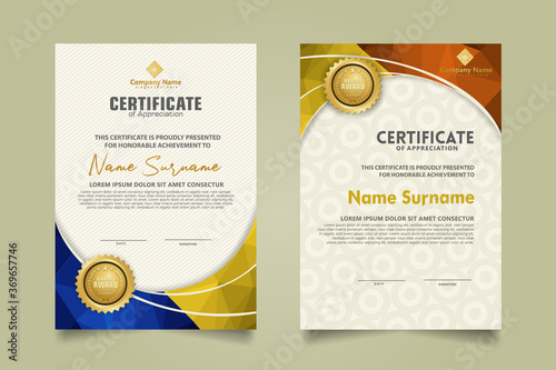 Set modern certificate template with triangle geometric polygon on circular lines ornate background