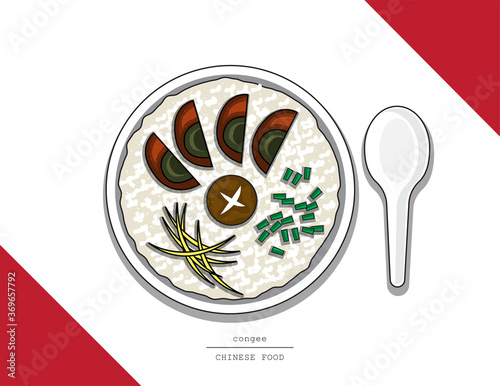 Illustration vector doodle style top view of Asian Chinese street food dished cuisine on table. Set of congee rice soup with century egg and mushroom with spoon