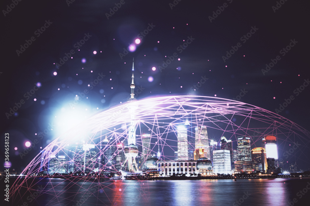 Multi exposure of social network theme drawing and cityscape background. Concept of people connecton.