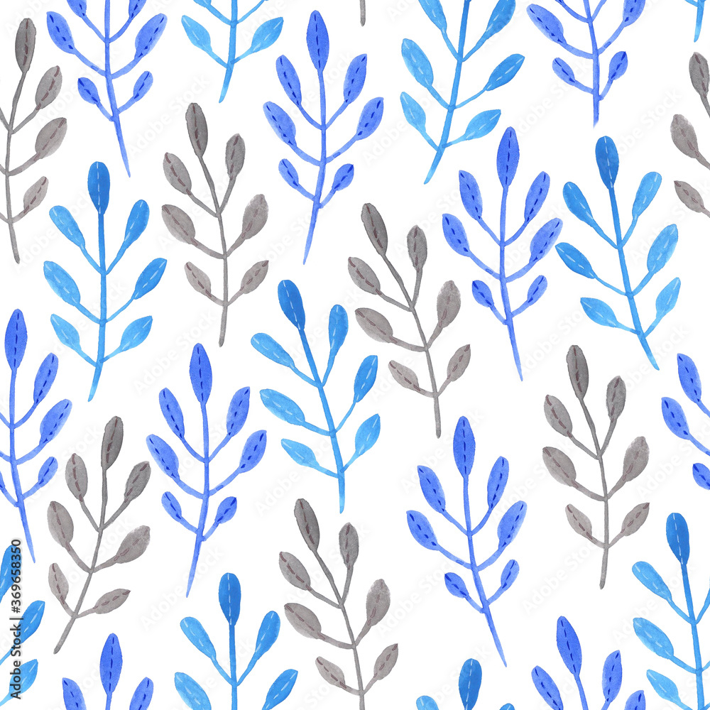 Watercolor simple repeat seamless pattern with blue and grey leaves Watercolor simple repeat seamless pattern with blue and grey leaves