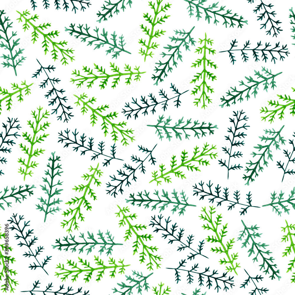 Obraz premium Watercolor seamless pattern with simple green branches. Hand drawing illustration with repeating elements. Endless print for wallpaper, wrapping paper, surface design, textile