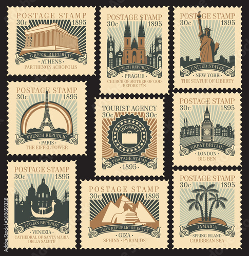 Set of old postage stamps on the travel theme with architectural and historical landmarks from around the world. Vector illustrations of various famous places in the form of old stamps in retro style