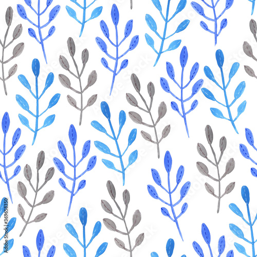 Watercolor simple repeat seamless pattern with blue and grey leaves