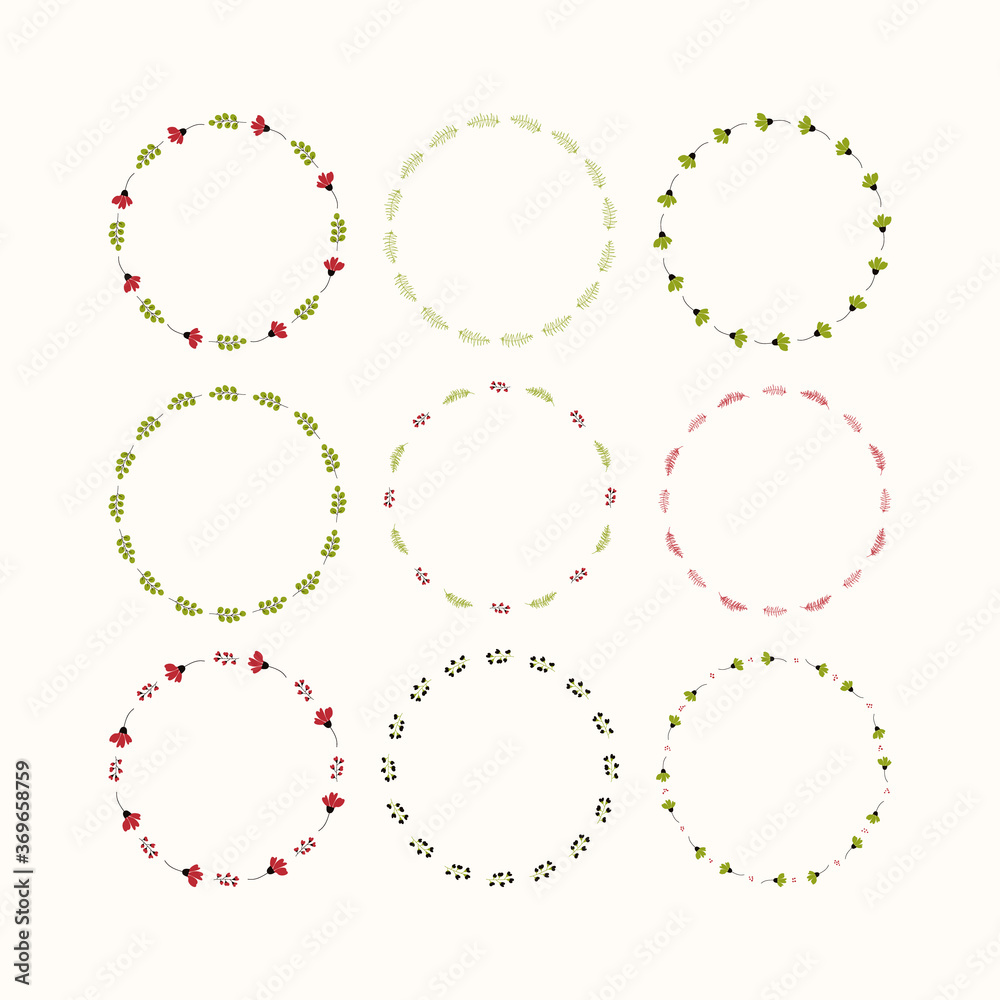 Vector set of different wreathes with flowers and leaves. Floral elements for party invitations, card design Vector set of different wreathes with flowers and leaves. Floral elements for party invitations, card design