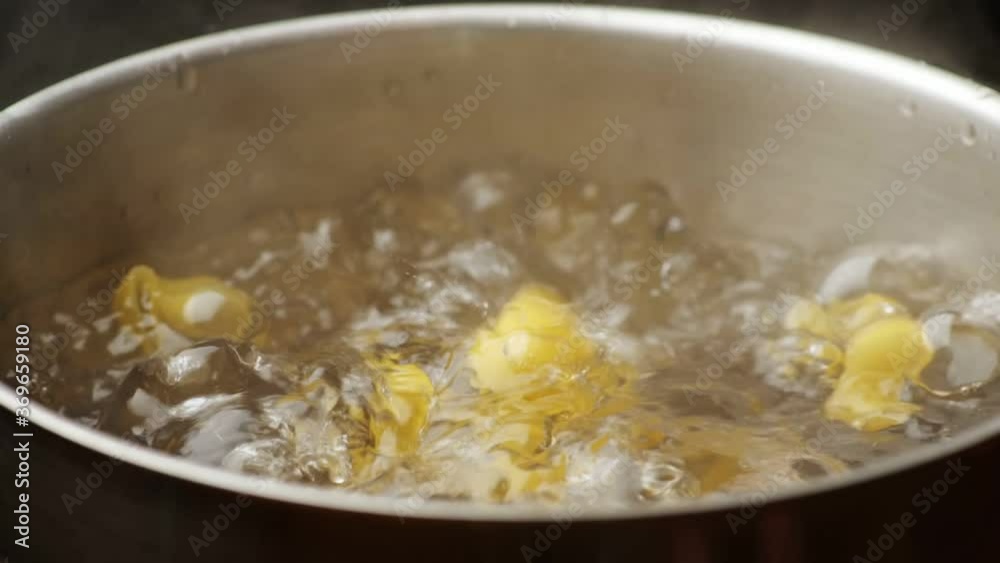 Italian pasta elbow Macaroni falling into boiling water. Cooking italian pasta. Slow motion shot Italian pasta elbow Macaroni falling into boiling water. Cooking italian pasta. Slow motion shot
