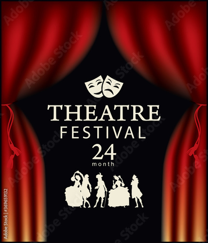 Banner or poster for a Theatre festival with red theater curtains and silhouettes of actors in Baroque costumes. Vector illustration in retro style on the theme of theatrical art