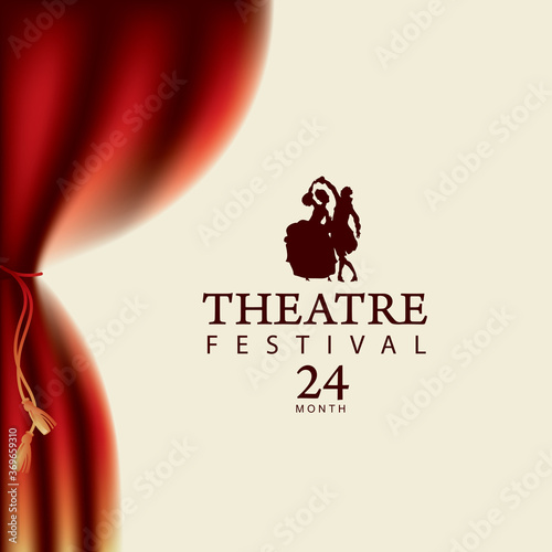 Poster for a Theatre festival with red velvet curtain and silhouettes of a dancing pair of actors in Baroque costumes on a light background. Vector playbill in retro style on the theme of theater art