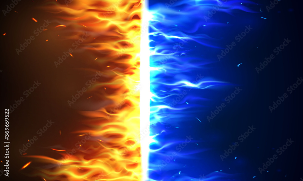 fire flames Versus VS sign exploding by elements, water splashes and lightning Burning red hot sparks realistic abstract background