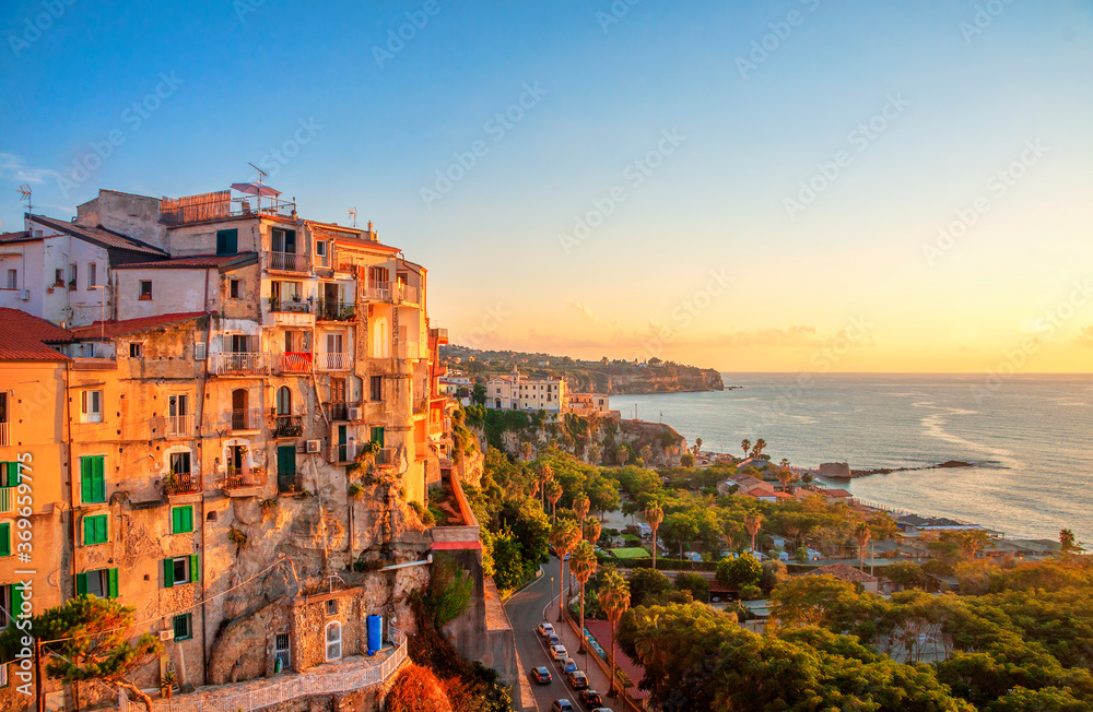 Top view of Tropea town and Tyrrhenian sea beach in the evening,Tropea, Calabria, Italy.