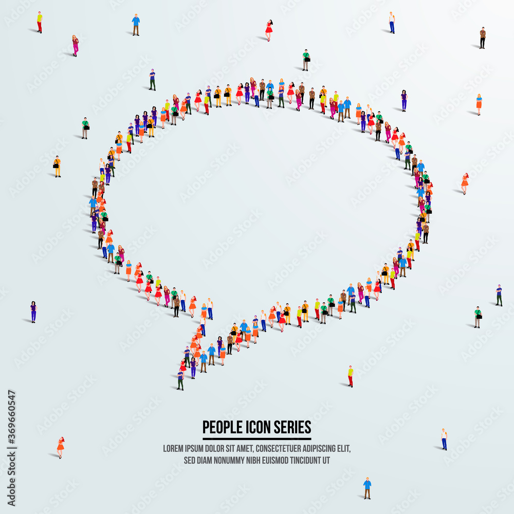 Obraz premium Speech bubble icon or concept. large group of people form to create a shape speech bubble. vector illustration.