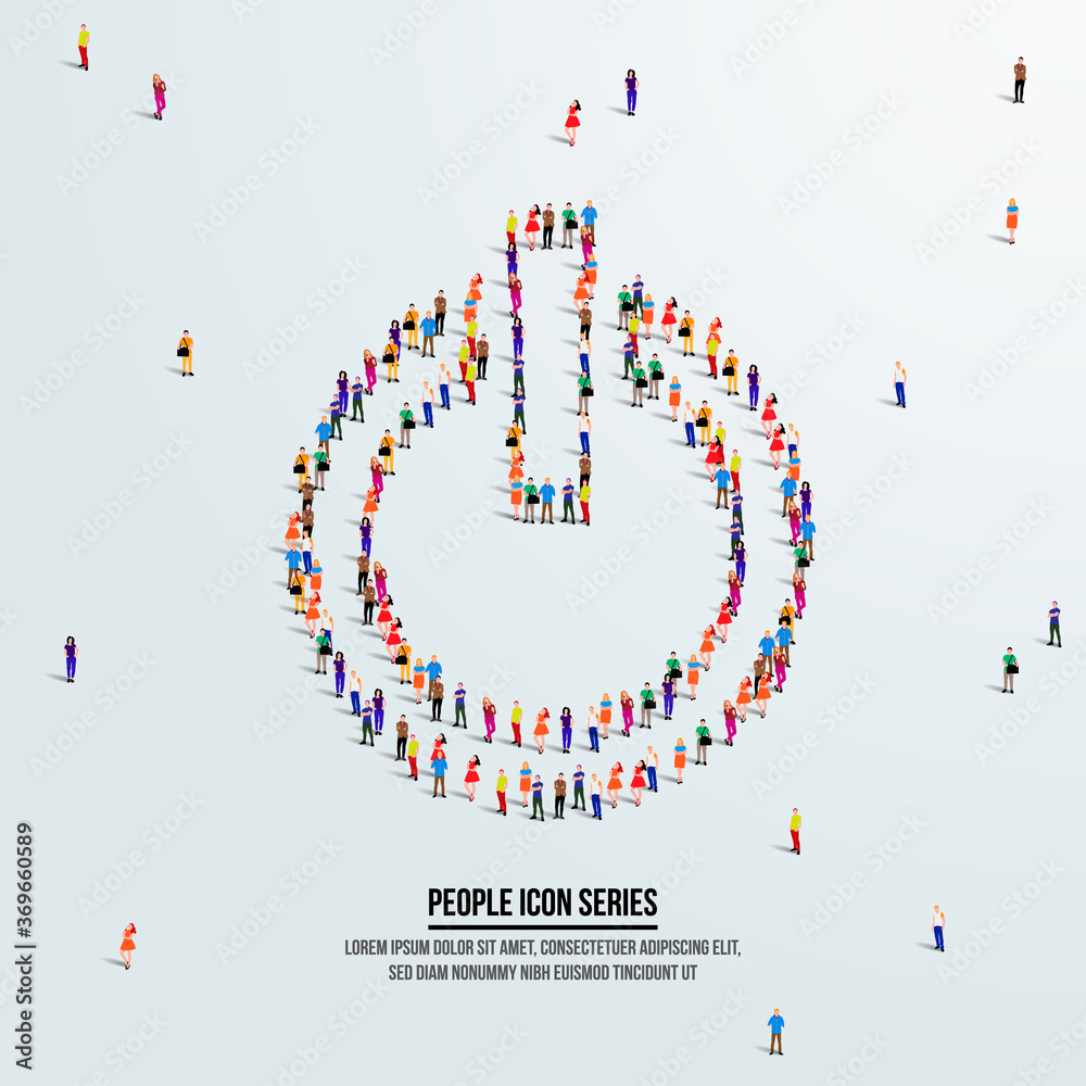 Power on and off button icon. large group of people form to create shape power button. vector illustration. Power on and off button icon. large group of people form to create shape power button. vector illustration.