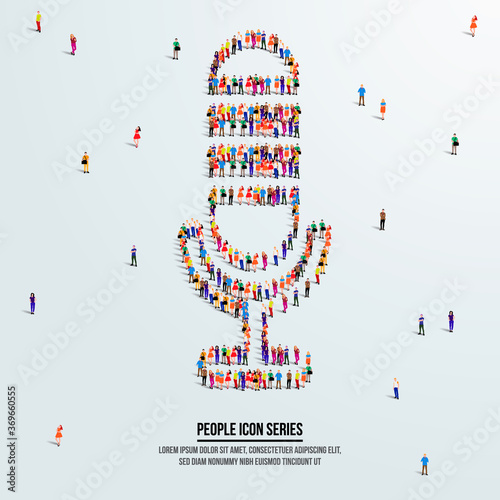 Microphone icon or audio record concept. large group of people form to create a mic shape. vector illustration.