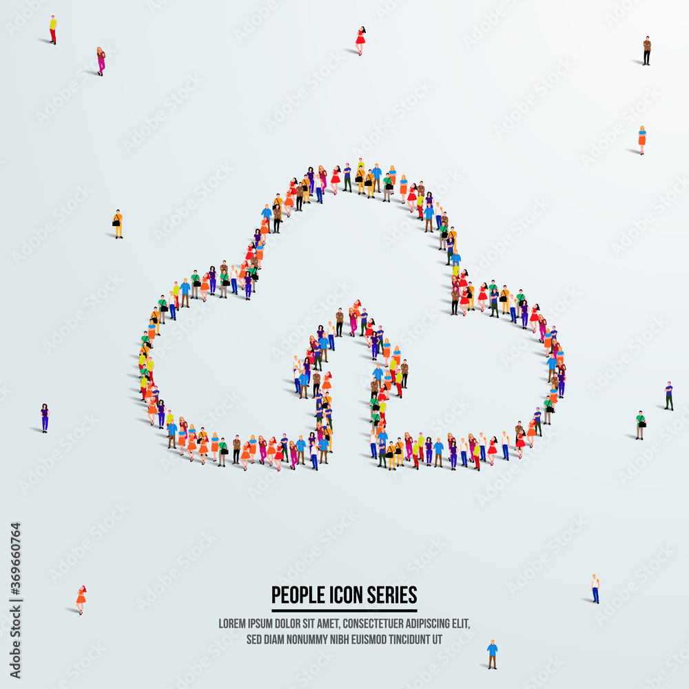 Fototapeta premium cloud upload concept. large group of people form to create cloud upload icon shape. vector illustration.