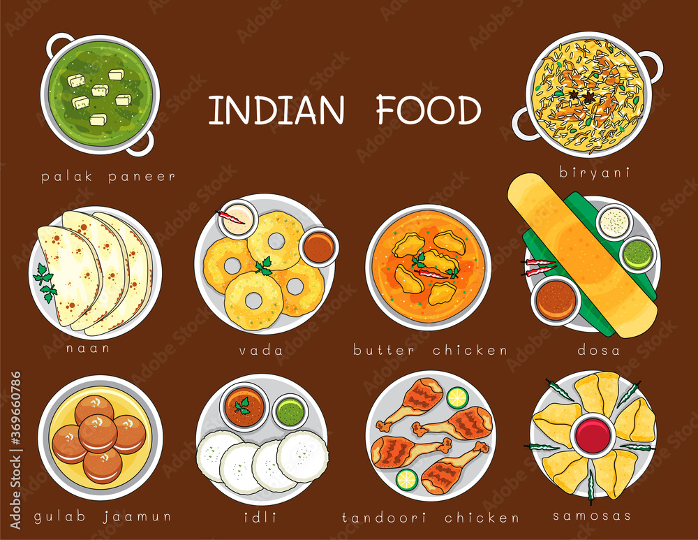 Illustration vector isolated Indian food dishes on table top view cartoon doodle style. Dinner,Lunch,Breakfast set served at restaurant or homemade. Masala dosa, vada,biryani,curry,butter chicken,naan Stock Vector | Adobe Stock Illustration vector isolated Indian food dishes on table top view cartoon doodle style. Dinner,Lunch,Breakfast set served at restaurant or homemade. Masala dosa, vada,biryani,curry,butter chicken,naan Stock Vector | Adobe Stock