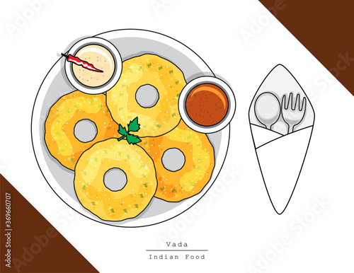 Illustration vector isolated Indian food dish on table top view with fork and spoon, breakfast or snack vada or vadai served at restaurant or homemade