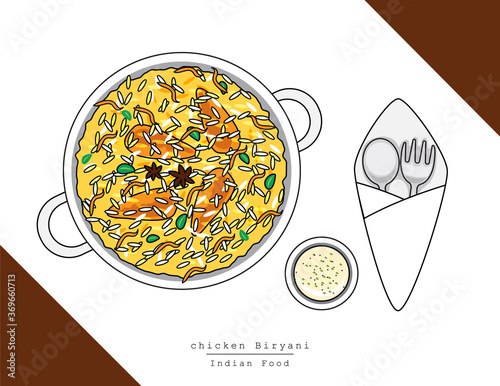 Illustration vector isolated Indian food dish on table top view with fork and spoon, Chicken biryani rice served at restaurant or homemade